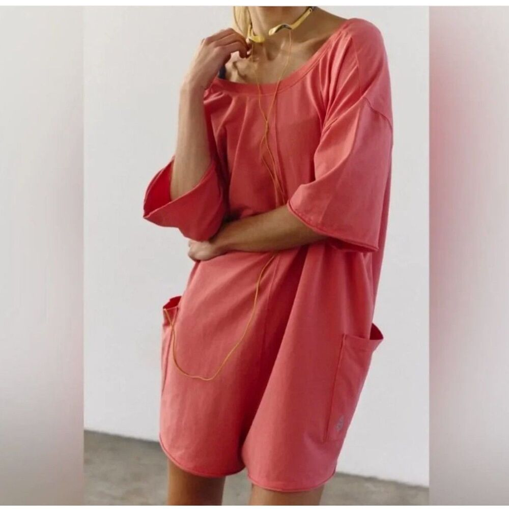 NWT FP Movement Hot Shot Tee Romper Hibiscus Tulip Pink Small S